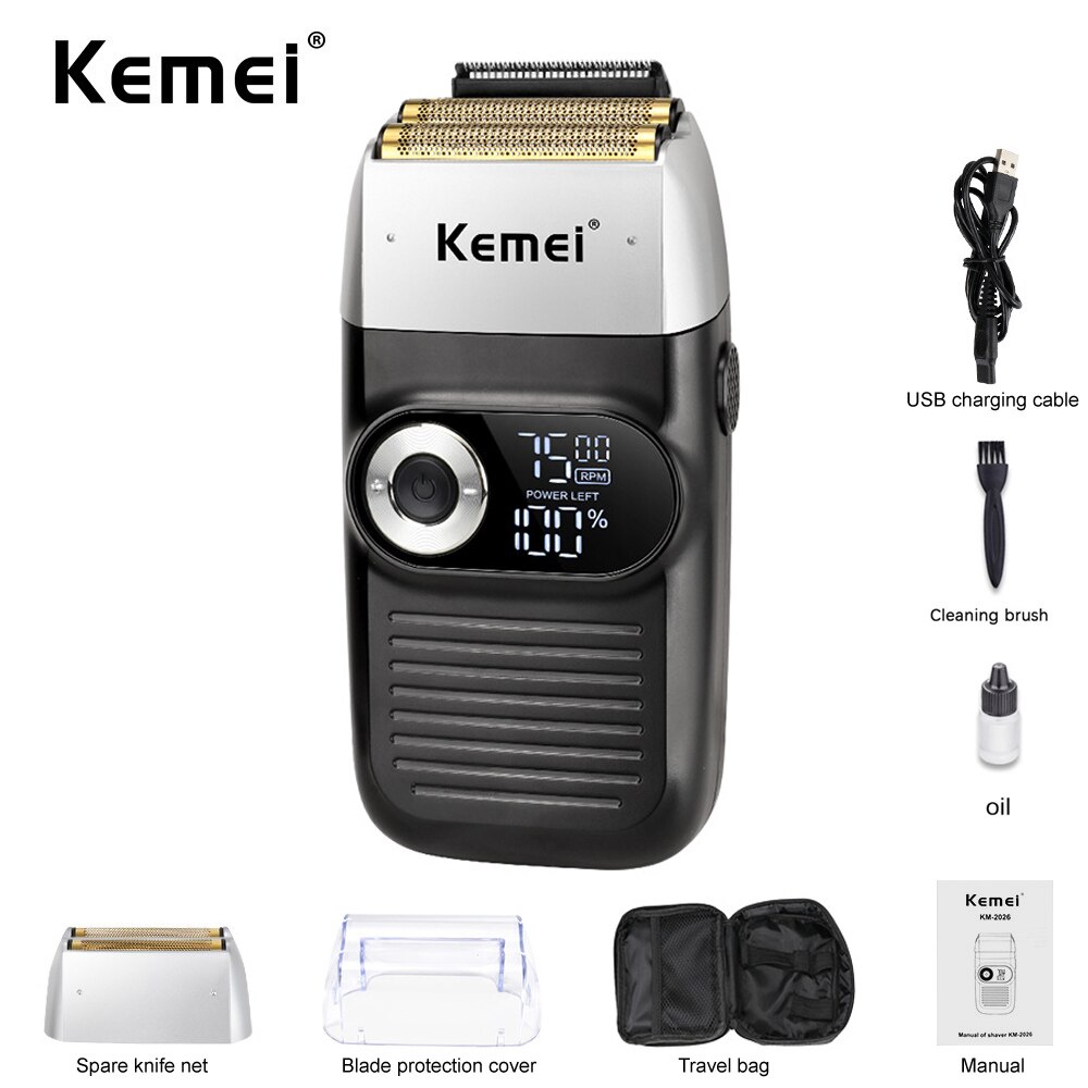 Kemei 2 In 1 Electric Shaver for Men Rechargeable Portable Cordless Men Reciprocating Razor Beard Trimmer LCD Display KM-2026: Black without box