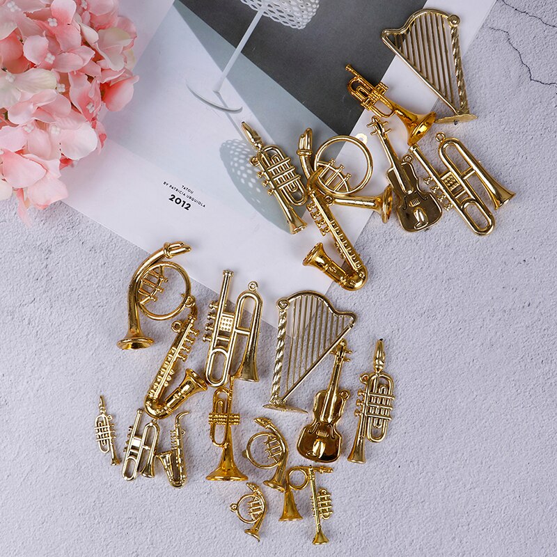 7/14pcs Mini Plastic Musical Instrument Gold Christmas Tree Hanging Xmas Decor For Friends Collecting Musical Cute Toy