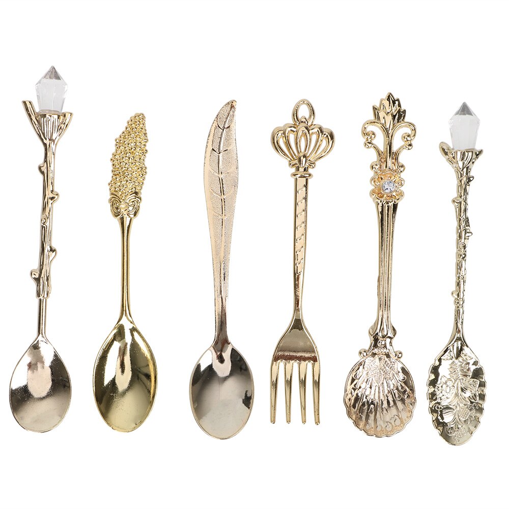 HOOMIN 6 unids/set estilo real clásico cuchara y tenedor de té de café de postre de leche de fruta flor tallada de la cuchara conjuntos: Gold