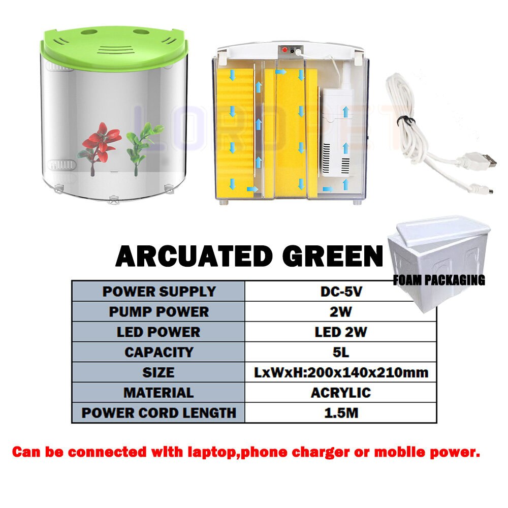 Sunsun 5L petit Aquarium de poissons avec filtre LED écologie eau Aquarium Usb Mini Nano bureau Aquarium poisson rouge Guppy Arcuated: 320 Green / Only Tank