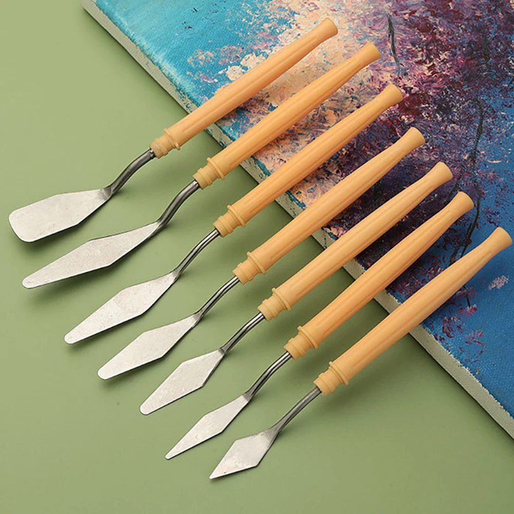 7 stuks roestvrij staal olieverfschilderij messen set kunstenaar ambachten spatel paletmes mengmes schraper kunstgereedschap: YELLOW