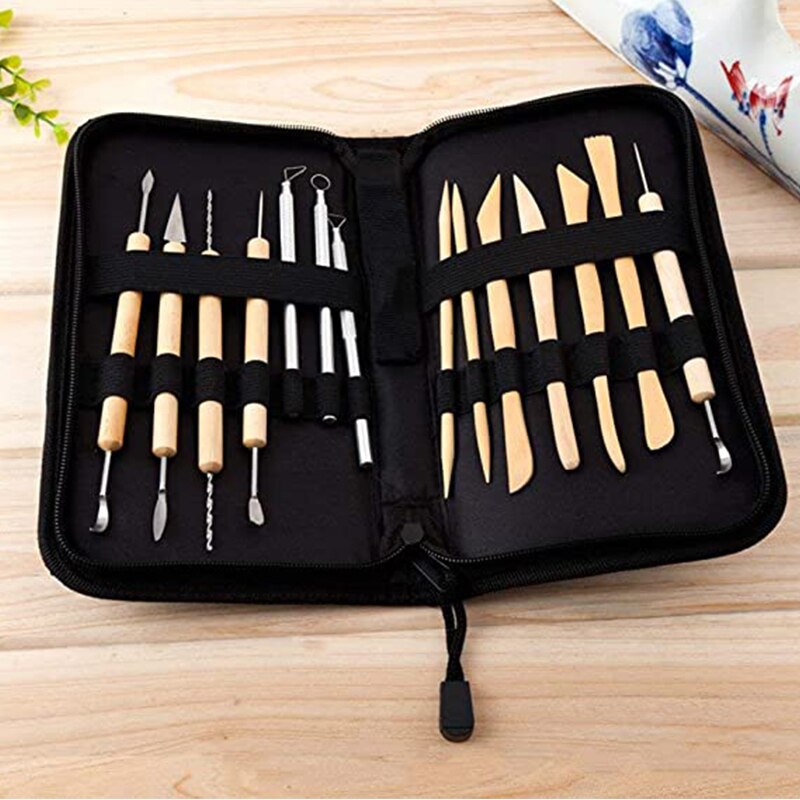 14pcs Clay Sculpture & Ceramics Tool Set With Canvas Zippered Case Wooded Steel Pottery Tool All-in-one Beginner's Starter Kit