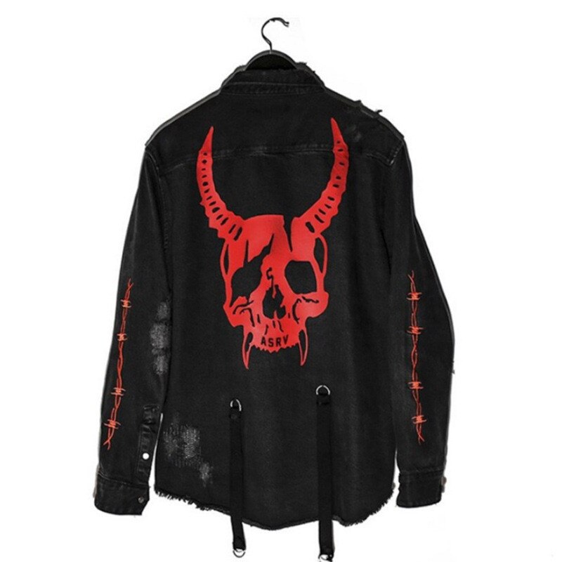 Hip Hop Gothic Demon Hunter Skull Black Denim Jacket Men High Street Oversized Coat Harajuku Streetwear Bomber Unisex Jacket: black / Asian XXXL