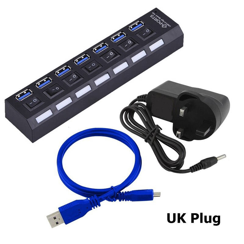 USB 3.0 HUB 4 Port USB HUB USB Splitter Power Adapter with Individual Power Switches for Computer Laptop Accessories HUB USB 3.0: Black and UK Adapter