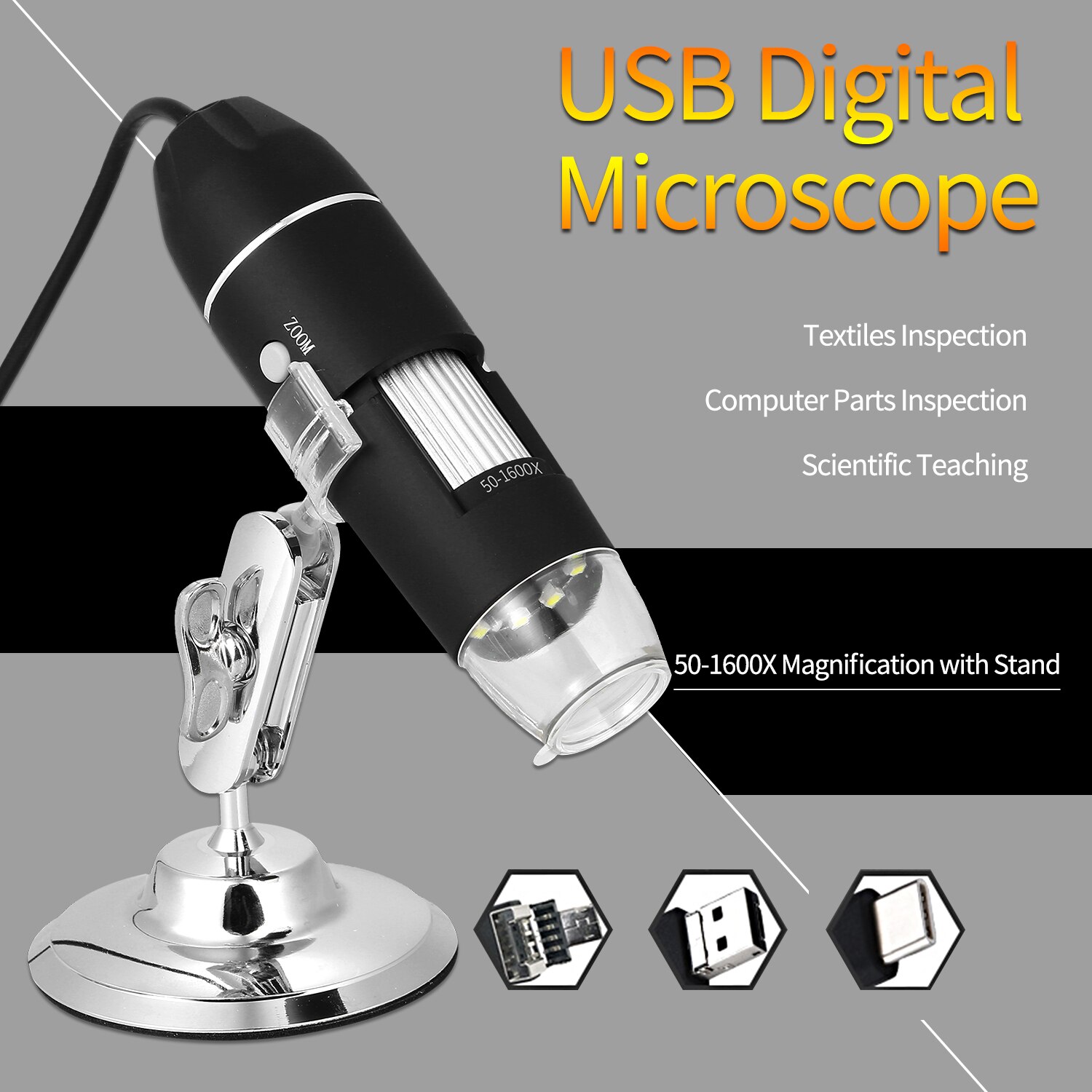 Lupa de microscopio con Zoom Digital USB con función OTG lupa de luz 8 LED aumento 1600X con soporte