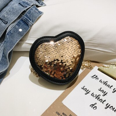 Europe Cute Girls Sequins Coin Purses Heart-shaped Princess Mini Glitter Paillette Bag Kids Chain Messenger Bag Wallets: Golden