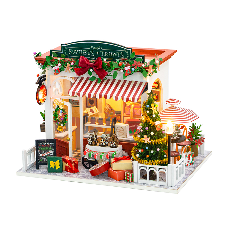 Diy Houten Poppenhuizen Kerst Dessert Winkel Casa Miniatuur Model Kit Villa Poppenhuis Met Meubels Led Licht Voor Vrienden Cadeau: Roze