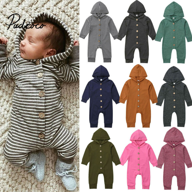 pudcoco Newborn Baby Boys Girls Unisex Autumn Solid+Striped Rompers Baby Kids Cotton Cute Clothes Romper Hooded Jumpsuit Outfits