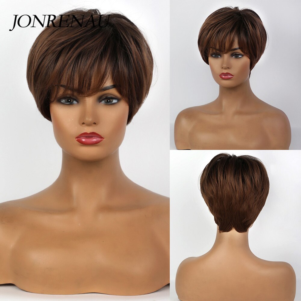 Jonrenau 8 tommer syntetisk kort lige paryk lys blonde brune parykker med pandehår pixie cut parykker til hvide sorte kvinder