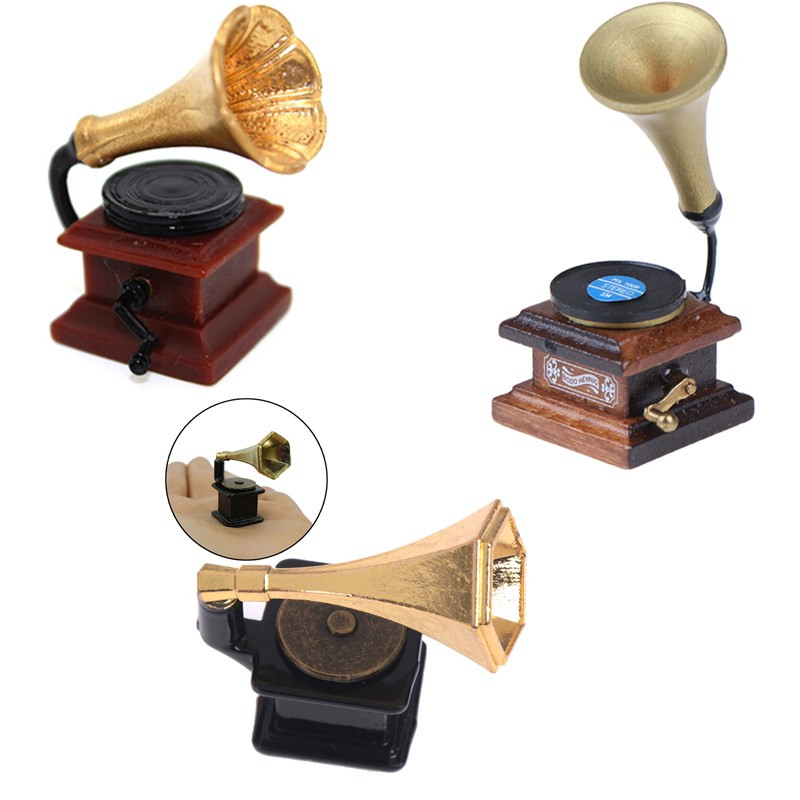 1:12 Meubels Mini Fonograaf Accessoires Retro Grammofoon Met Record Diy Miniatuur Poppenhuis Poppenhuis Miniatuur