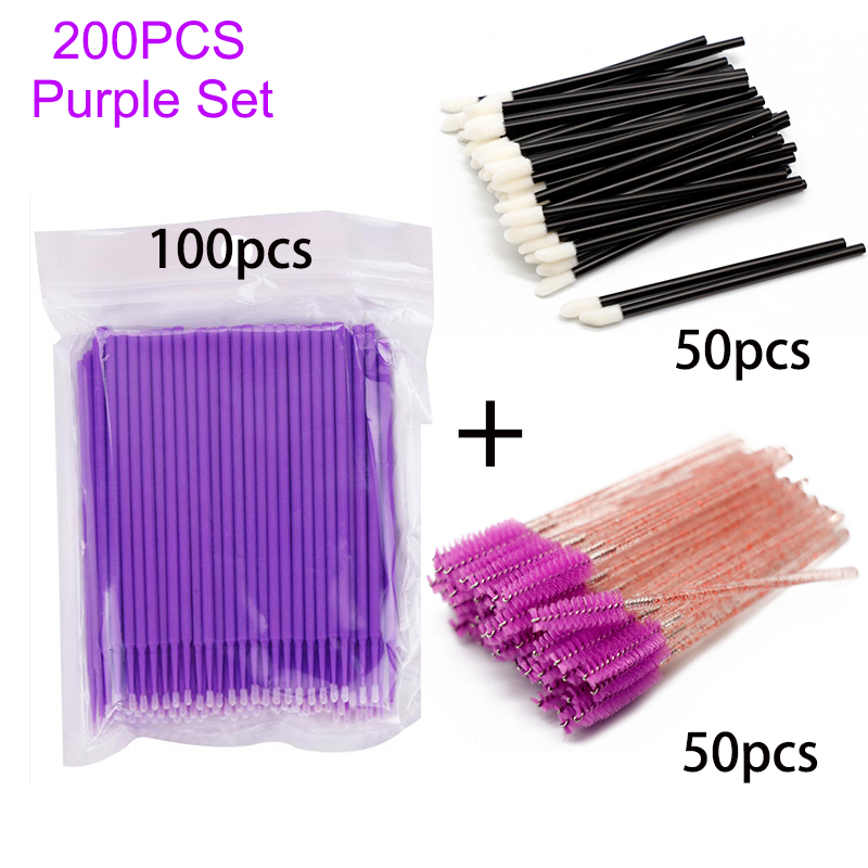 200Pcs Roze Mascara Wands Lipgloss Wand Borstel En Wimper Cleaning Micro Applicator Set 3 In 1 Eye Lash makeup Tools In Bundel: 200pcs Purple set
