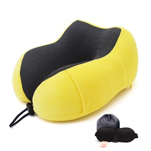 Travel Pillow Memory Foam Neck and Cervical Pillow for Airplane Car Office Napping Pillows U Shape Flight Head Chin Support Cush: Yellow Set