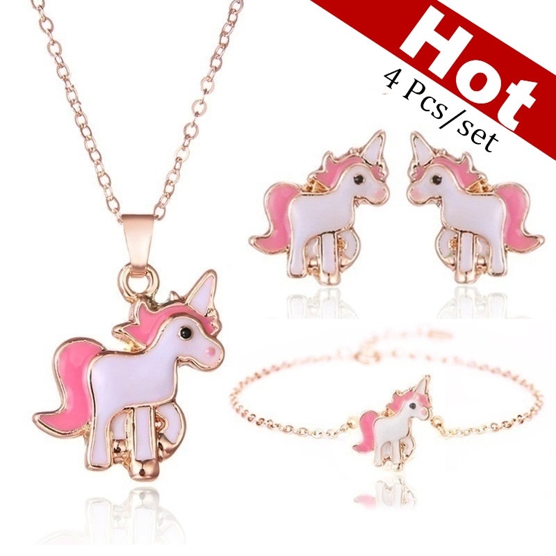 4 teile/satz Halskette Ohrringe Karikatur Einhorn Halskette Ohrring Schmuck Rosa Mädchen Schmuck Schmuck Ohrring und Halskette einstellen