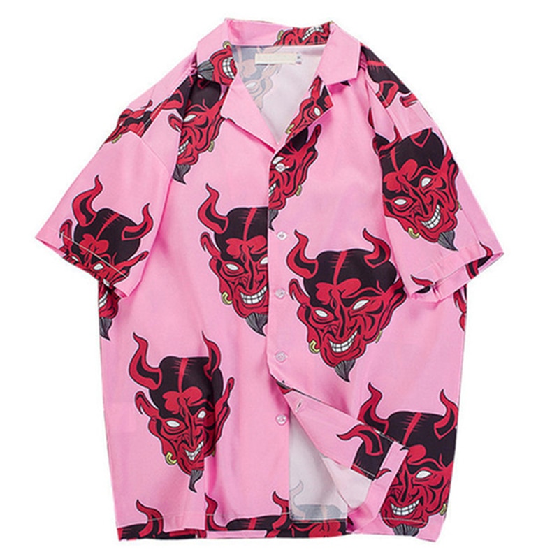 Harajuku devil head shirs sommar strandskjorta hawaii tunn hiphop streetwear mens hawaiian kortärmad rosa tees  hh139