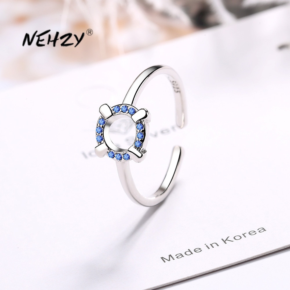 Nehzy 925 Sterling Zilveren Vrouw Mode Sieraden Blue Crystal Zircon Hollow Ring Verstelbare Size Open Ring