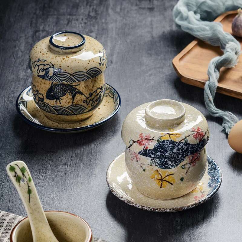 Filles à vapeur avec couvercle, bol à pudding en céramique, tasse à vapeur à œufs japonaise, Dessert, accent d'oiseau, petit bol à soupe aux œufs
