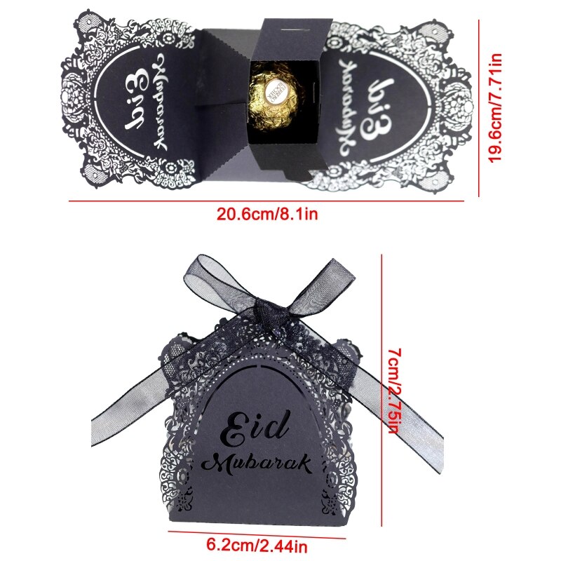 50pcs Eid Mubarak Candy Box Ramadan Decoration Hollow Wedding Party Favor Chocolate Boxes with Ribbons: BK-1