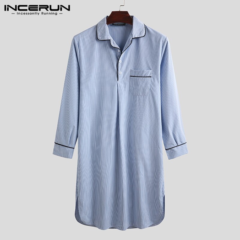 Incerun Mode Mannen Lange Mouw Slaap Gewaden Plaid Leisure Jurk Nachtjapon Nachtkleding Revers Comfortabele Heren Badjassen Homewear