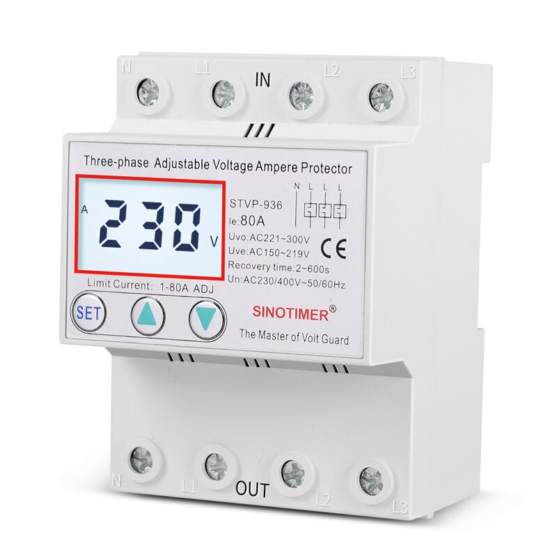 Din Rail 3 Phase Voltage Relay 380V Voltmeter Ammeter Over and Under Voltage Monitor Relays Protector Adjust Current Overvoltage