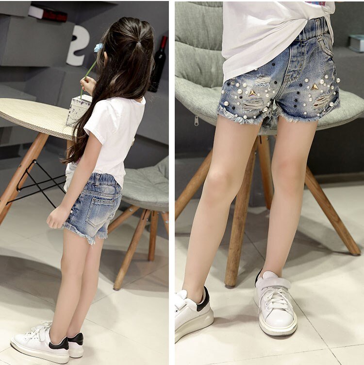 Filles mignon Shorts Denim trou bébé perle jean pantalon court été enfants pantalon fille vêtements