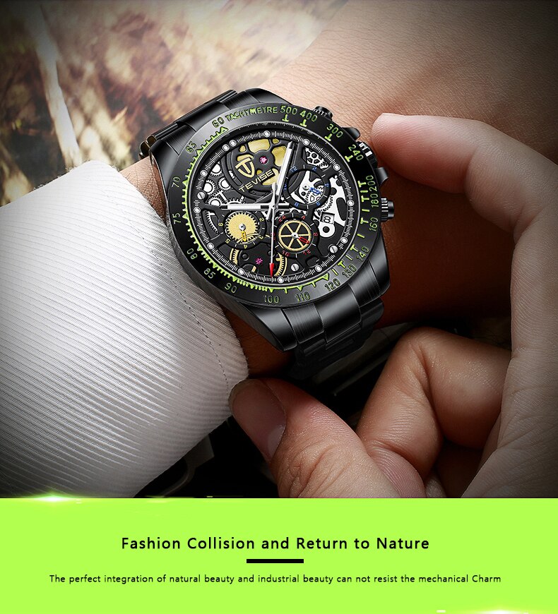 de TEVISE automatique mécanique hommes montre tout noir en acier inoxydable chronographe Date cadran hommes montre-bracelet mâle horloge