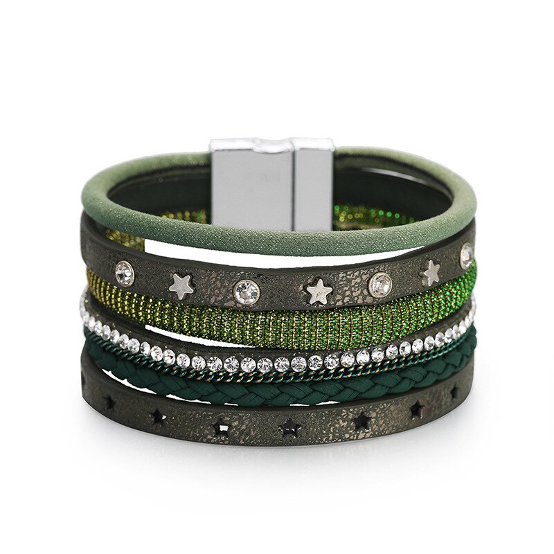 Kirykle Rhinestone Star Charm Leather Bracelets for Women Boho Multilayer Punk Rivet Wide Wrap Bracelet Female Jewelry: KR1188-3