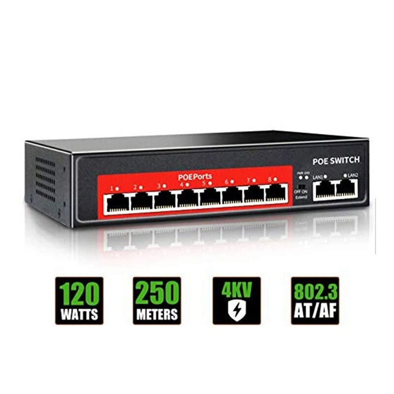 48V POE Switch with 8 100Mbps Ports IEEE 802.3 Af/At over Ethernet IP Camera/Wireless AP/CCTV Camera System