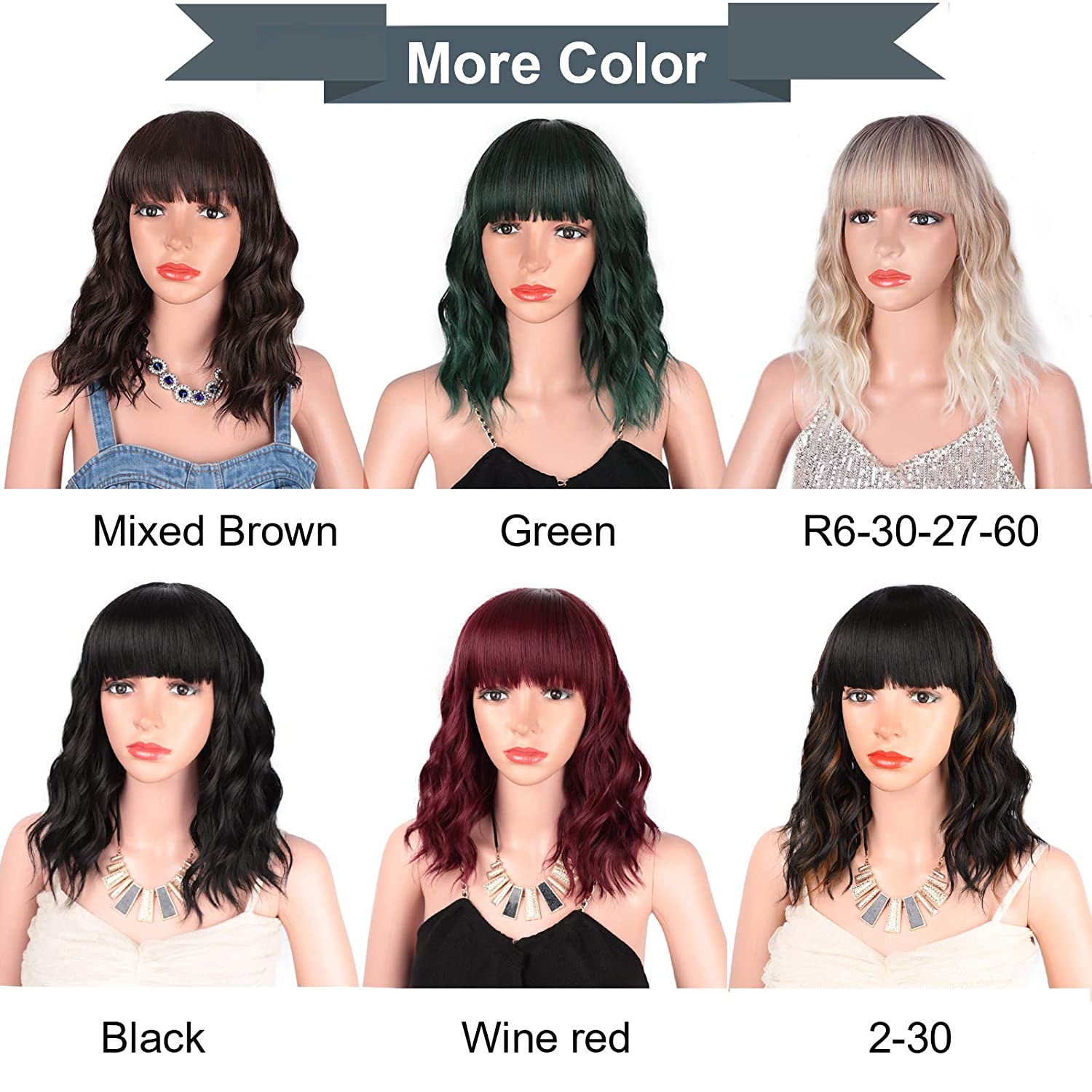 Stamped Glorious Bob Wig Black Synthetic Short Wavy Wig with Bangs Heat Resistant Fiber African American wigs for Women