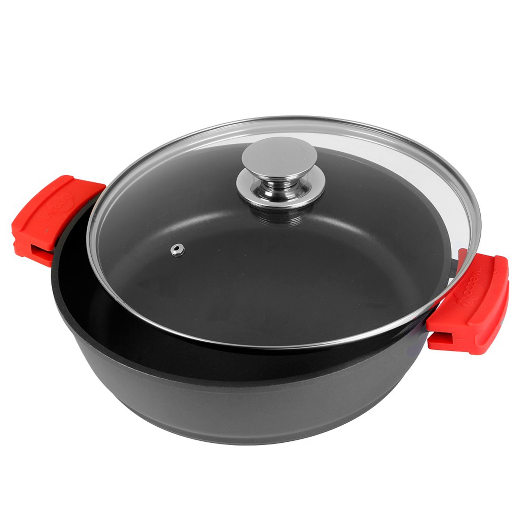 Wecook Ecostone Cazuela Baja Inducción Tapa Cristal 24cm, Antiadherente sin PFOA, Aluminio Fundido, 5mm, 7,5cm alto Negro