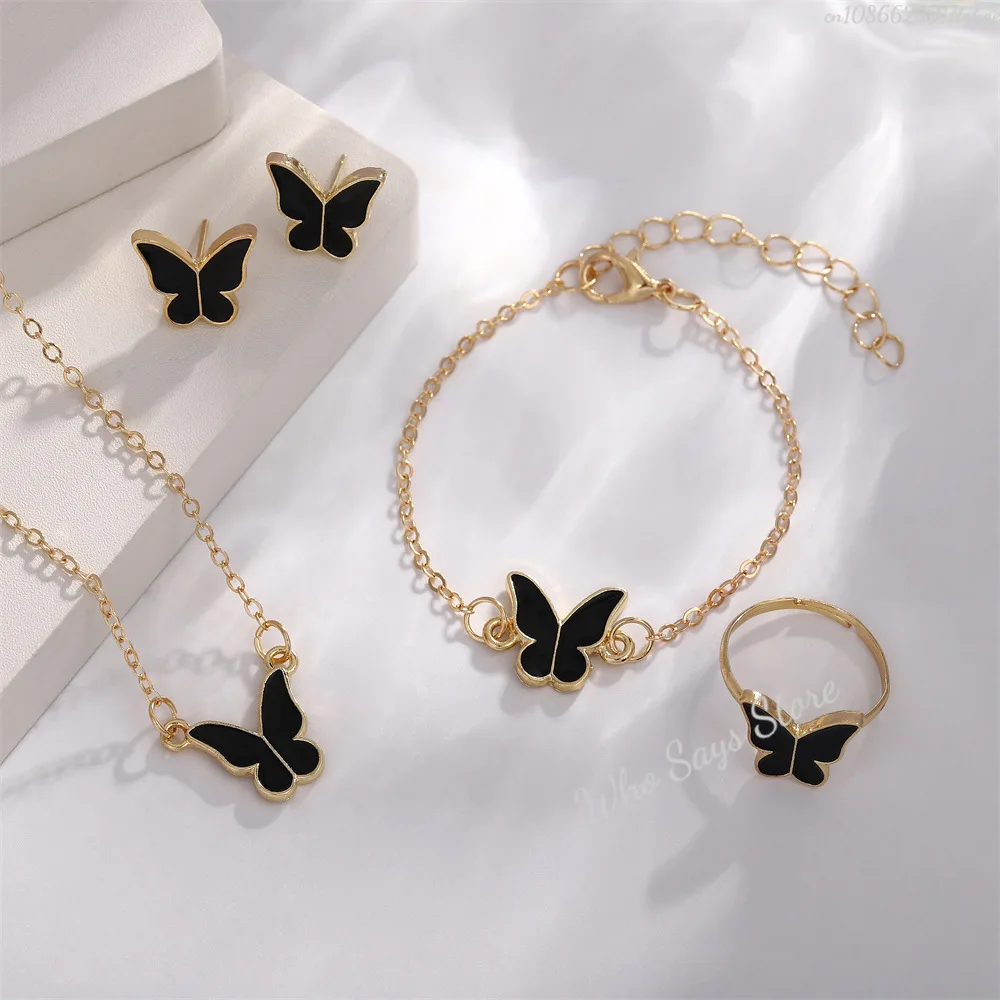 Ensembles de bijoux papillon en cristal acrylique, Bracelet romantique, bague, collier, boucles d'oreilles, accessoires pour robe de dîner de mariage pour femmes