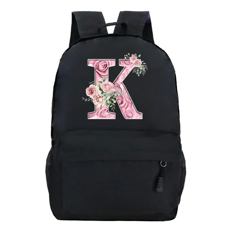 Pink Rose Alphabet Backpack Black Casual Women Aesthetics Rucksack Teenage Girl Boy Flower Letter School Bag Student Mochilas: Khaki