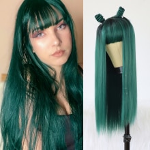 SALLYWELL Green Wigs With Bangs Straight Wig For Women Synthetic Fiber Hair Dark Rooted Ombre Green Long Glueless Full Machine