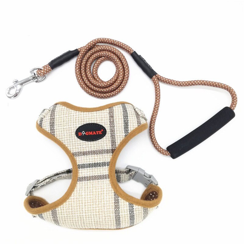 GLORIOUS KEK Harnas Hond Chihuahua Kleine Dog Harness en Leash Set Plaid Verstelbare Gewatteerde Harnas Vest met Wandelen Lead Handvat: brown plaid / M chest 40-48cm