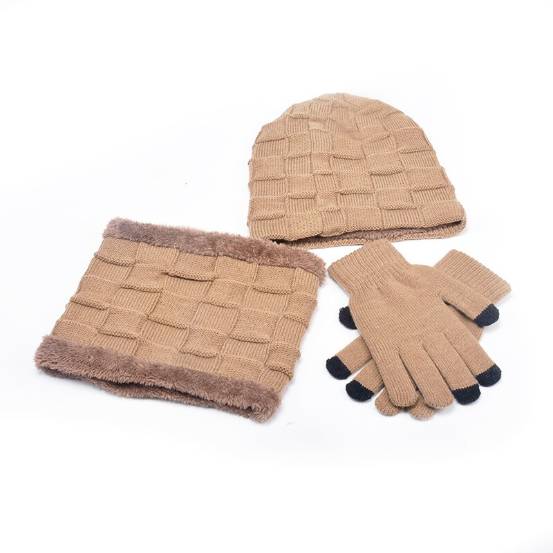 Unisex pipot hattu sormus huivi käsineet setti talvineulottu paksu lämmin lippalakki naiset miehet kiinteä retro pipo hattu pehmeä kosketusnäyttö käsineet: Kameli 3 kpl setti