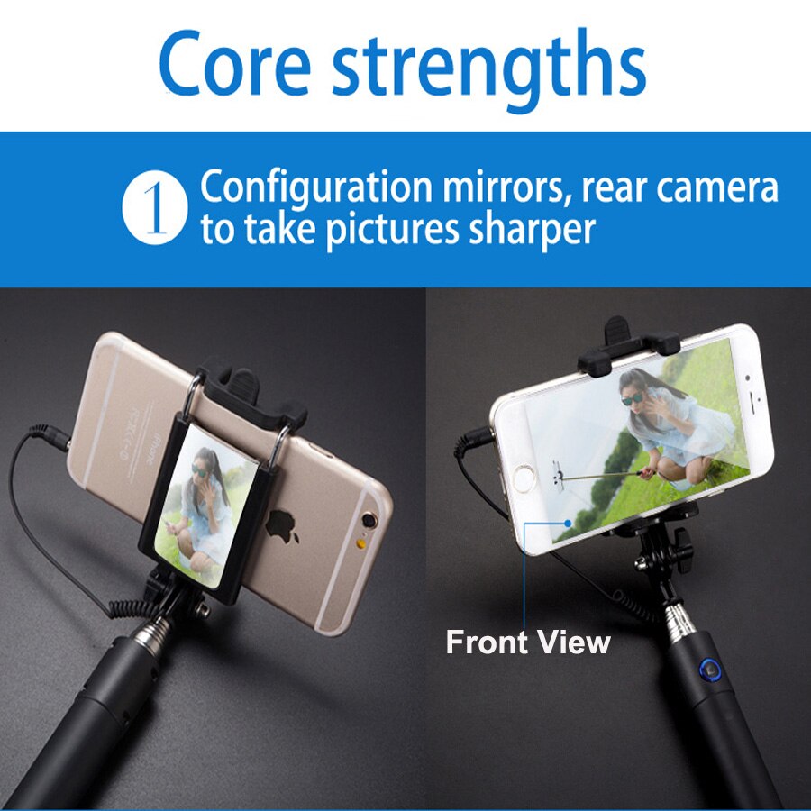 Lyxig spegel selfie stick för iphone 6 plus universal para selfie för samsung android ios bak/fram kamera för selfie