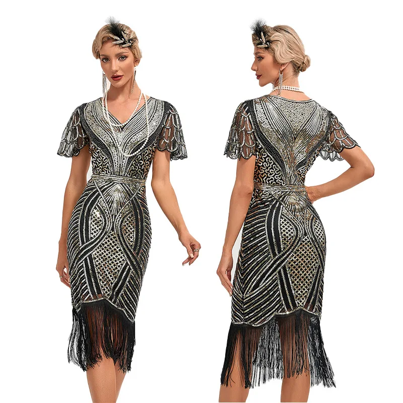 Sexy dames s 1920s gatsby flapperjurk pailletten art deco roaring gatsby jurk met korte mouwen vintage flapperjurken: M / Zwart
