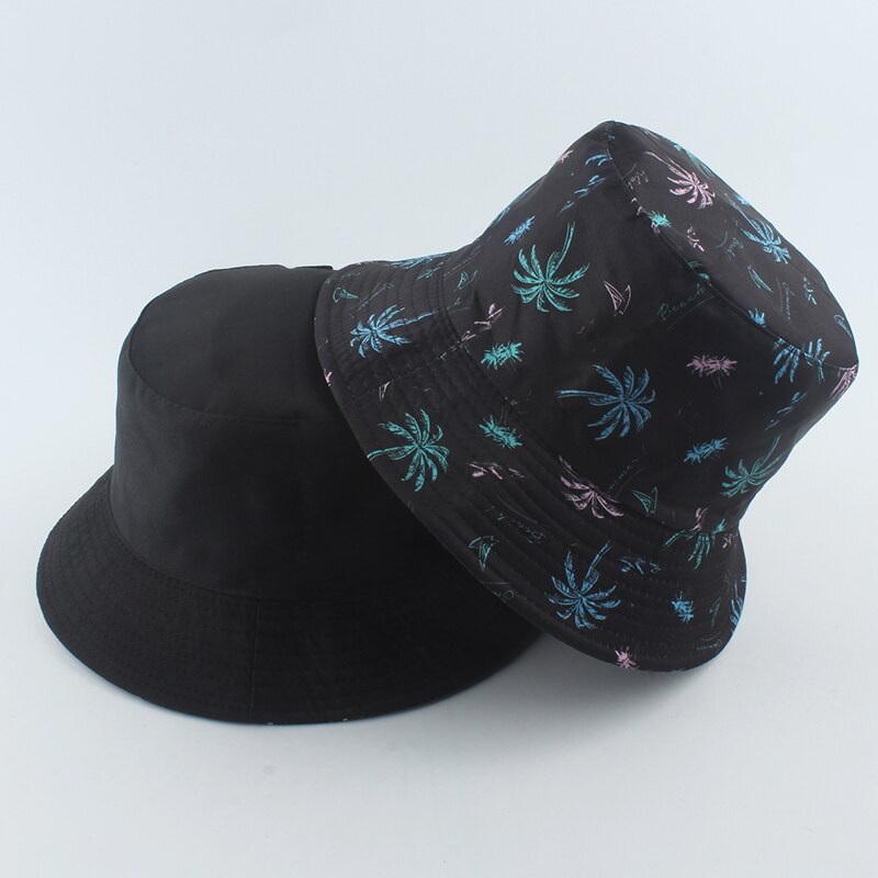 Sommer kvinder mænd bomuld fiskehat palme print panama bøtte hat vendbar hip hop bob kasket sol fisker hatte: Xi xiao