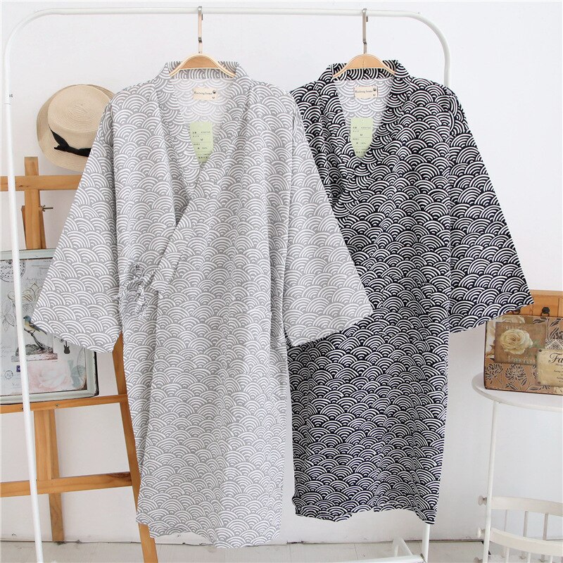 KISBINI Kimono Men's Nightrobe Cotton Printed Summer Spring Men Robes Japanese Style Grey Male Sleepwear Homewear