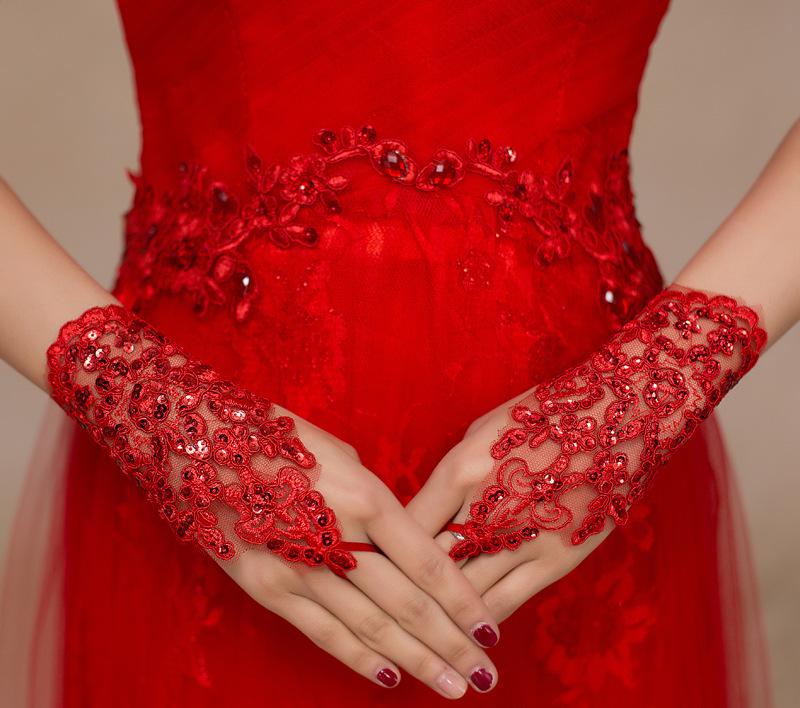 Gants en dentelle blanche, bon marché, gants de mariage avec appliques, paillettes rouges, gants sans doigts pour la mariée, au Crochet