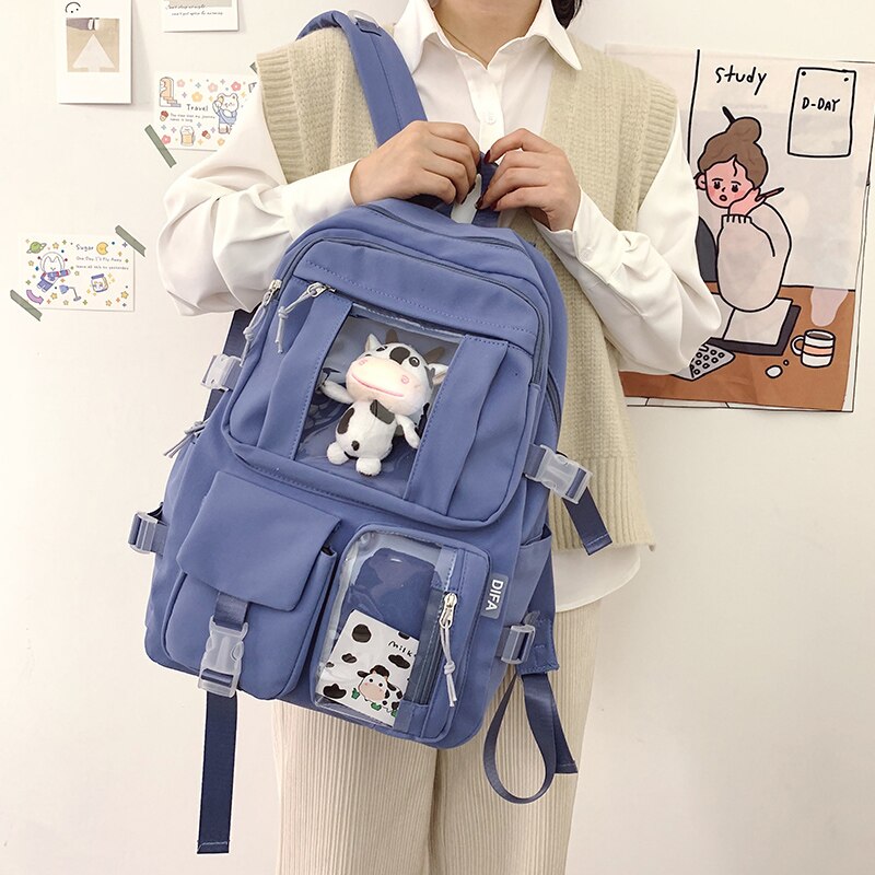 Solid Color Waterproof Nylon Women Backpack Female Multi-pocket Insert Buckle Travel Bag Girls Transparent Pocket Schoolbag