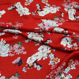 Blomster polyester charmeuse stof kjole kimono materiale crepe satin: Rød
