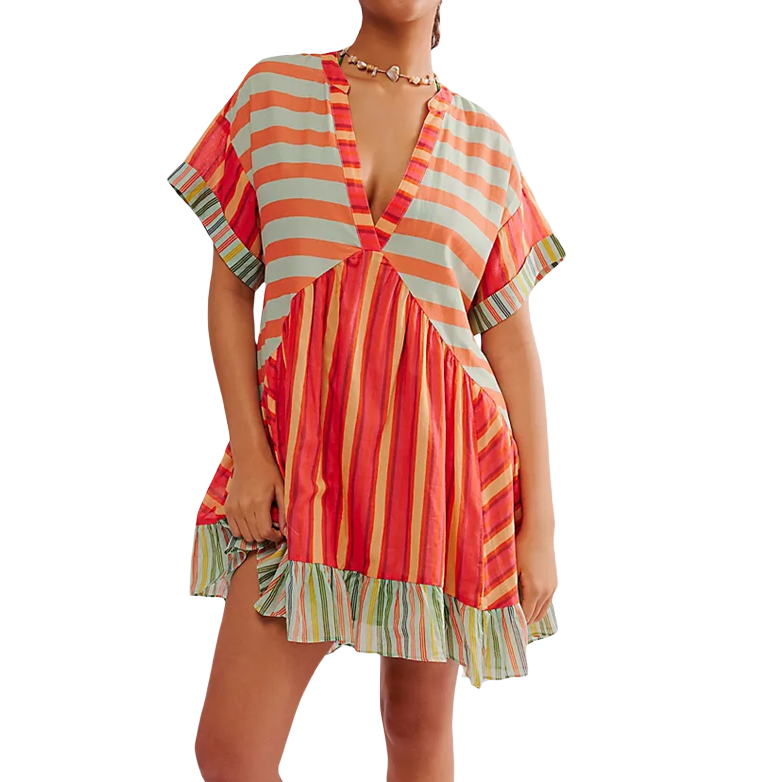 Kvinners sommer babydoll-kjole bohemsk blomstertrykk kortermet v-hals flagrende kjole med lommer fritids-retro: S / Oransje