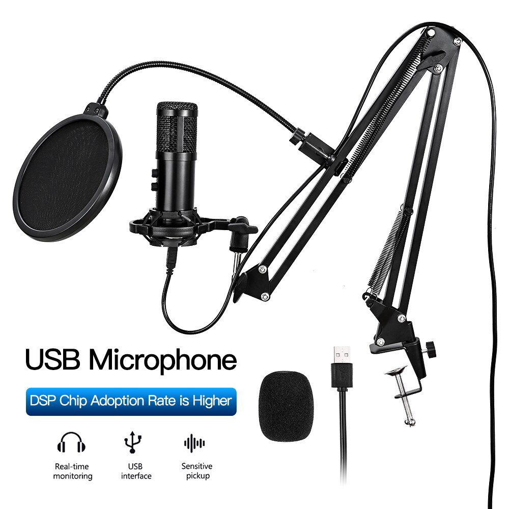 USB Condenser Microphone Kit With Tripod Stand Microfone Cardioid Studio Recording Live KTV Karaoke Microphone for PC Computer