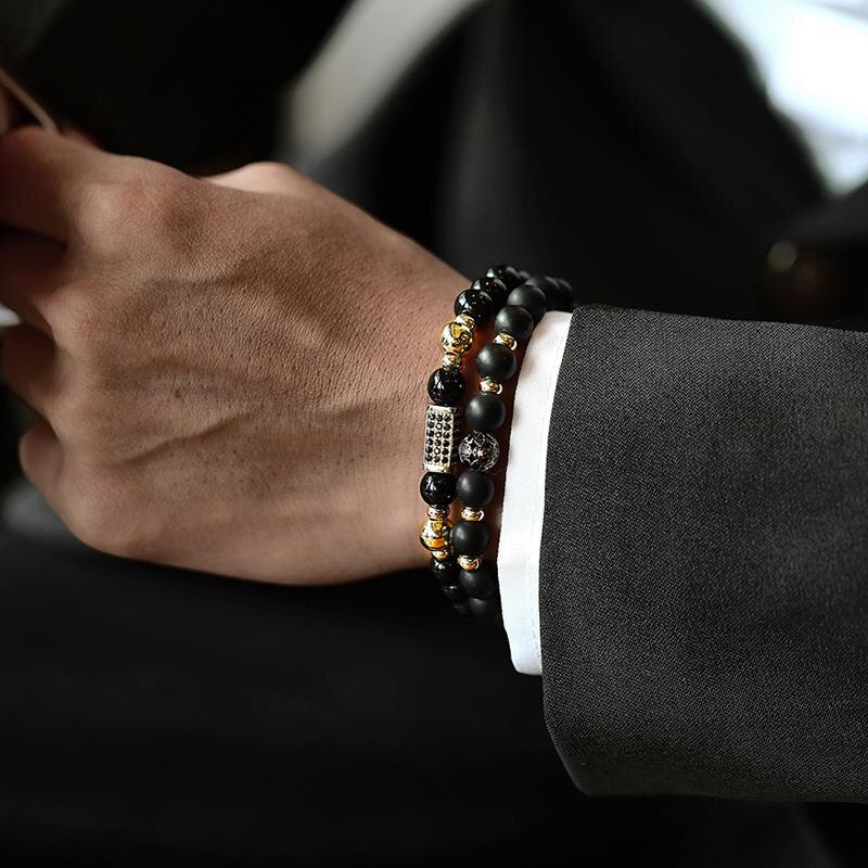 Klassieke Handgemaakte Lion Crown Charm Mannen Armband 2 Stks/set Matte Lava Stone Bead Armband Voor Mannen Sieraden: 5