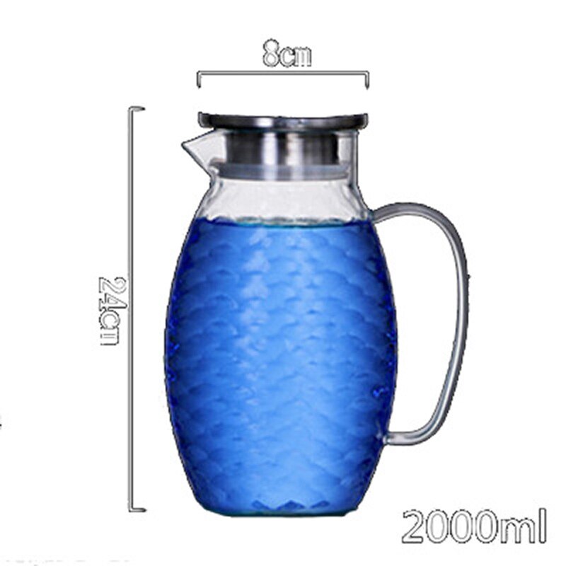 Hoge Capaciteit Vis Schaal exture Clear Glazen Karaf met Rvs Deksel Heatproof Water Pitcher voor Water Dranken SH141: 2000ml
