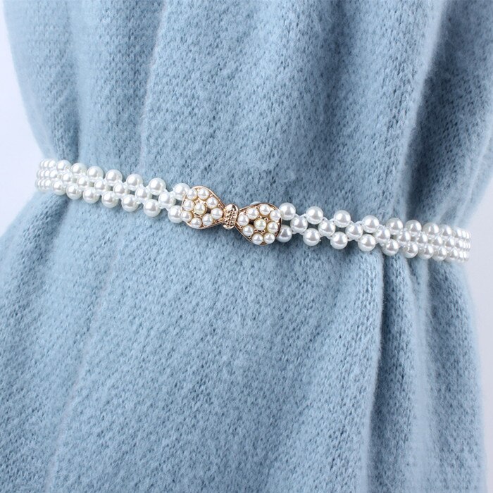 Correa de cadena fina con sello de elasticidad elástica de la cintura blanca para mujer, diamantes de imitación y perlas para decoración de falda, fajas de ,: 8