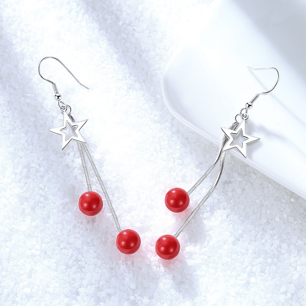 Star Pentagram Long Tassels Red Round Ball 925 Sterling Silver Earrings For Women Luxury Dangling Earrings Jewelry