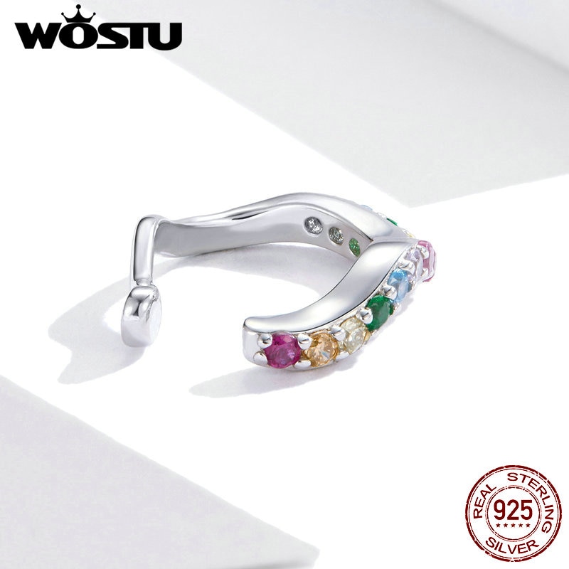 Wostu Regenboog Oorbellen Clip 925 Sterling Zilveren Regenboog Kleur Zirkoon Wave Vrouwen Clip Oorbellen Vrouwen 925 Zilveren Sieraden CQE894