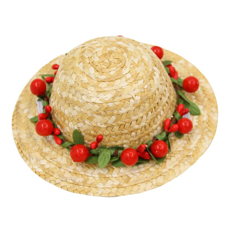 Chapeau d'été pour chien, petit et moyen gabarit, Style hawaïen, chat drôle, décoration en bambou libellule, paille tressée, fournitures pour animaux de compagnie: red cherry / out diameter 16cm