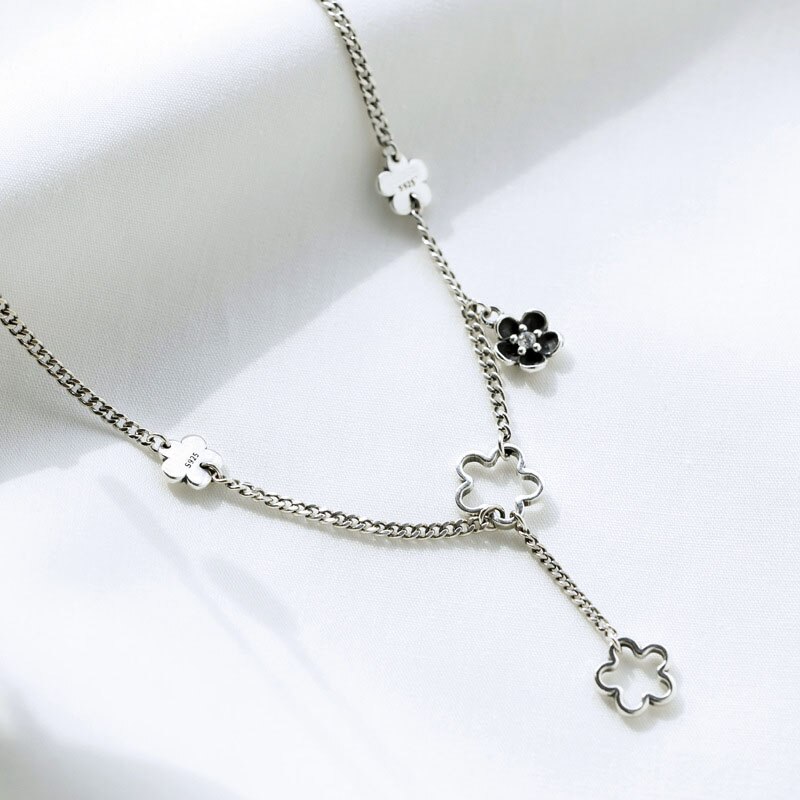 Hollow Plum Blossom Long Tassel Necklace For Women Party Thai Silver Color Clavicle Chain Necklace Jewelry S-N643: Default Title